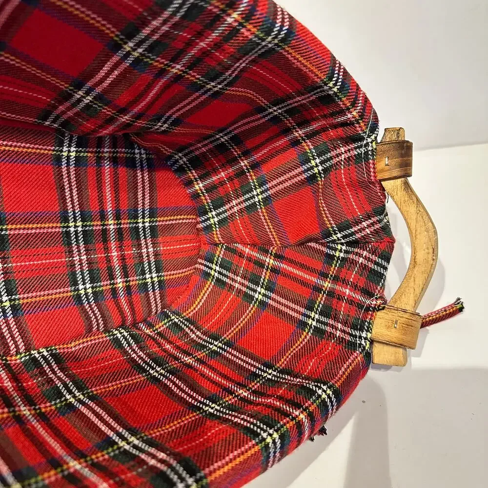 Large Oblong Red Plaid Fabric Lined Basket Gift Basket 22x8.5x7.5 Wooden Handles